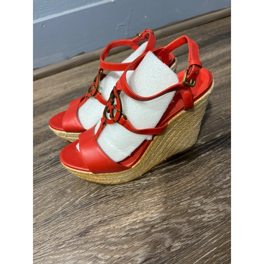Michael Kors Red‎ Leather Espadrille Wedge Sandals MK Logo Gold Hardware 8M